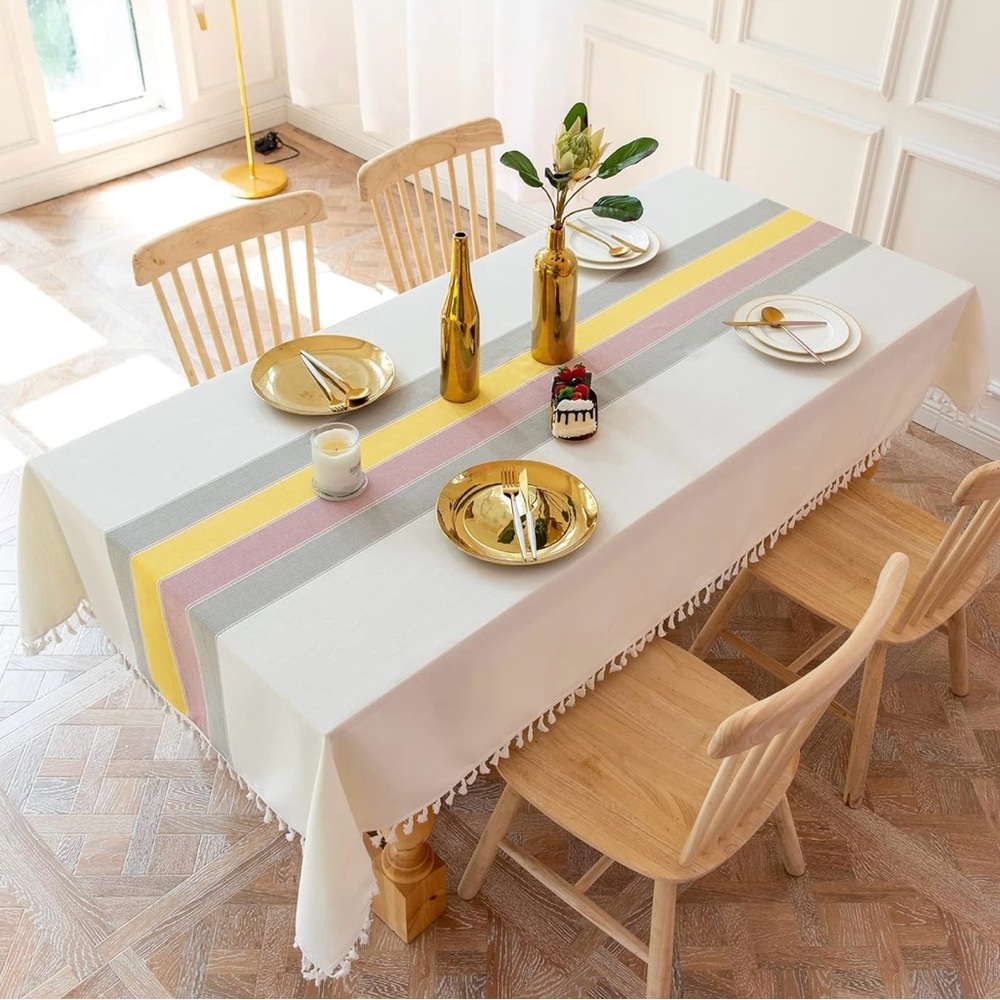 Elegant Cream Tablecloth with Multicolor Stripes